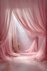 Pink fabric drapes creating a soft light filled backdrop for portraits or product photography.