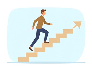 A man walks up a stairway, symbolizing progress