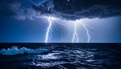 Dramatic lightning storm over dark ocean