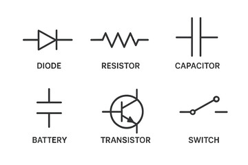 Electronic circuit symbols set for schematics. Electrical diagram icons: diode, resistor, capacitor, battery, transistor, switch. Vector for technical engineering designs.