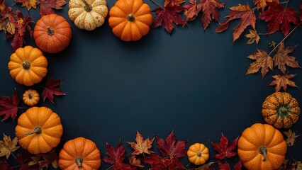 Navy blue setting adorned with pumpkins and autumn maple foliage. Seasonal harvest theme with room for copy.