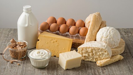 Fototapeta premium Assorted dairy foods placed on a wooden table such as milk, cheese, eggs, yogurt, sour cream, cottage cheese, and butter