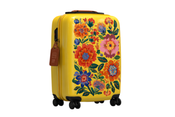 Floral patterned suitcase, travel luggage, yellow