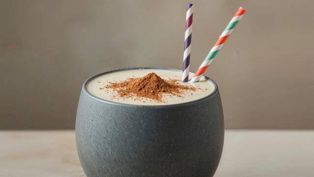 Rich milk beverage presented with a pair of colorful swirl straws and a cinnamon sprinkle on top - Powered by Adobe