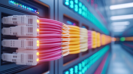 Fiber optic cables connect to a server rack in a data center, transmitting information and powering systems. Colorful and organized cable management system.