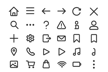 UI UX icon set. Essential line icons for mobile app and web design. Basic symbols for user interface navigation. Includes home, menu, user, search, settings, arrow icons.
