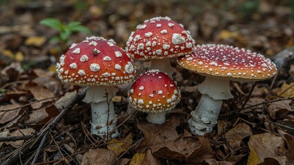 Fototapeta premium Red and white spotted toxic toadstool fungi in a woodland setting during fall. Close-up macro shot from a low angle.