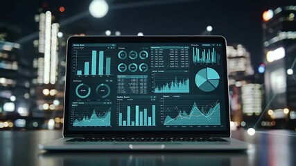 Laptop Displaying Data Analytics Charts with Cityscape Background at Night and Glowing Connection Network - Powered by Adobe