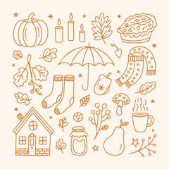 Hand Drawn Autumn Doodle Clipart Set Featuring Pumpkin, Pie, Umbrella, Socks, Leaves, House and Cozy Fall Elements for Seasonal Decor and Craft Projects, icon