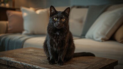Shadowy cat positioned quietly on wooden furniture in a comfortable indoor space.