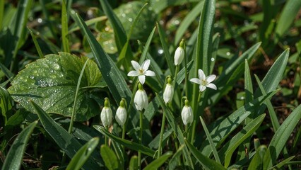 Springtime Ornithogalum umbellatum with white star flowers and fresh buds