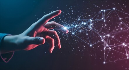 Businessman's hand touching a futuristic digital plexus. Concept of technology, data, and global network connection.