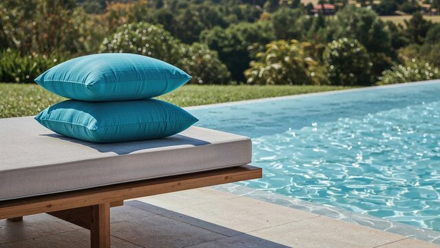 Stack of blue cushions on a lounge chair next to a pool