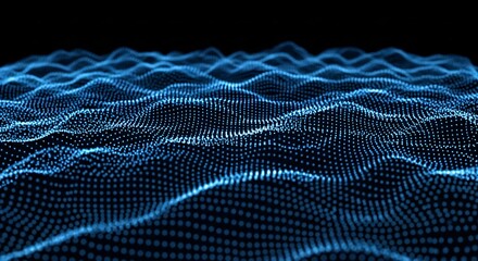 Abstract digital landscape of flowing blue particle waves. Futuristic technology concept for data visualization and networks.