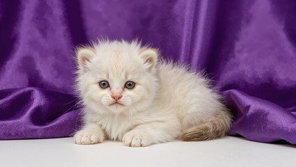 Fototapeta premium Adorable tiny kitten resting on violet silk fabric
