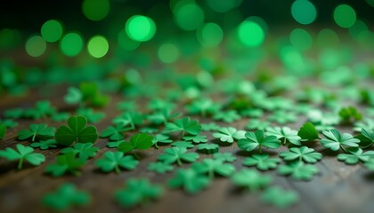 St. Patrick's Day Clover Confetti with Green Bokeh Background – Festive Irish Holiday Theme