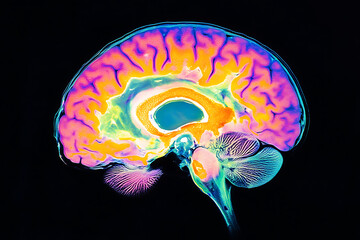 Vibrant Scan of a Human Brain:  A colorful depiction showing intricate brain structures. Highlighting medical visualization and neurological study.