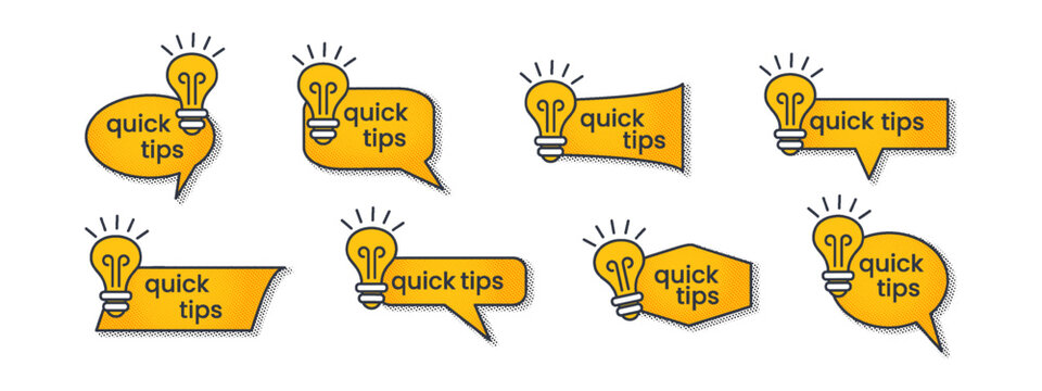 Quick tips logo set in yellow with a light bulb. Templates for helpful advice, tricks, solution, suggestion. Flat modern minimal trend. Vector illustration isolated on a white background