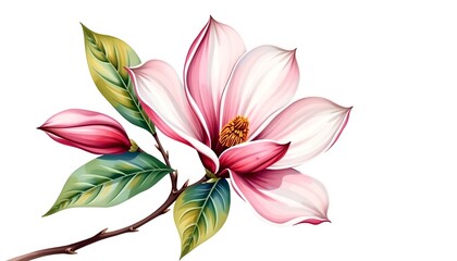 Naklejka premium A delicate depiction of a magnolia flower with vibrant petals, leaves, and stem, capturing its natural beauty