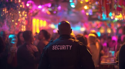 The security guard overseeing a lively nightlife scene filled with vibrant colors.