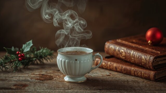 Hot tea emitting steam during a winter dawn - Powered by Adobe