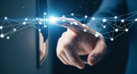 Businessman's hand touching a glowing digital network on a virtual screen, symbolizing technological innovation and future connectivity.