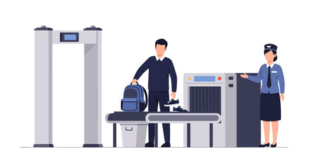 Airport security personnel checking a passenger's belongings at a metal detector.