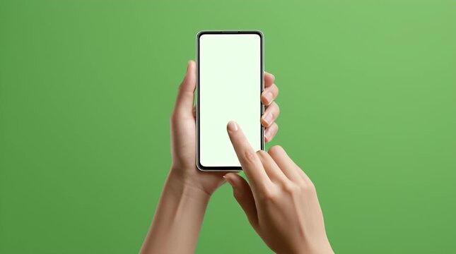 Realistic green screen video of a person using one finger to swipe on a blank white smartphone screen held by both hands