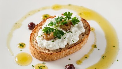 Open-faced sandwich with cottage cheese, parsley garnish, and olives