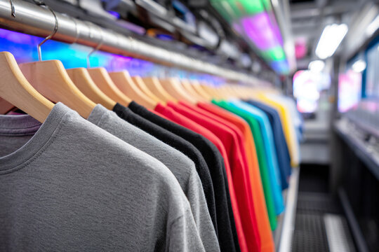 Colorful t-shirts hanging on hangers in the print shop, ready for printing on an industrial digital textile press machine. In close-up, the focus is on one gray T-shirt and other colored shirts. 