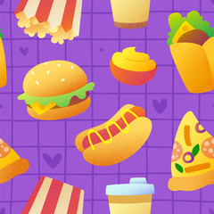 Cartoon fast food pattern. Seamless vector print with textured street food.
