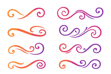 Elegant calligraphic flourish and swirl vector set. Gradient swoosh text dividers and decorative ornaments. Modern curved line art for titles, invitations, and banners.