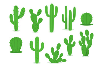 Vibrant Green Cactus Collection. Variety of Cartoon Cacti in Multiple Shapes and Sizes. Succulent Plant Set. Vector Illustration Isolated on Transparent Background. Desert Flora Icons.