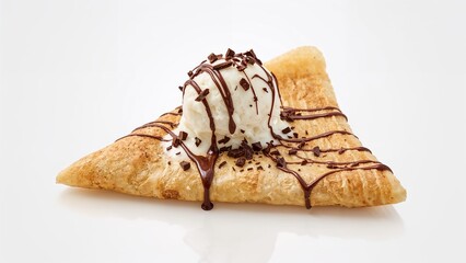 Delicious crepe paired with ice cream and chocolate sauce, isolated on a white background.