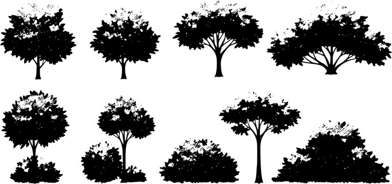 Green tree silhouette in forest grove abstract vector illustration, bush shrubbery element. Pastel crayon design, pencil texture, flat line, grunge figure, simple nature icon, eco landscape, scribble