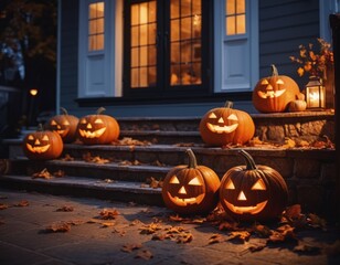 Fototapeta premium Halloween pumpkins near the house on All Saints' Eve