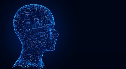 Abstract Blue Glowing Human Head Circuit Silhouette on Black