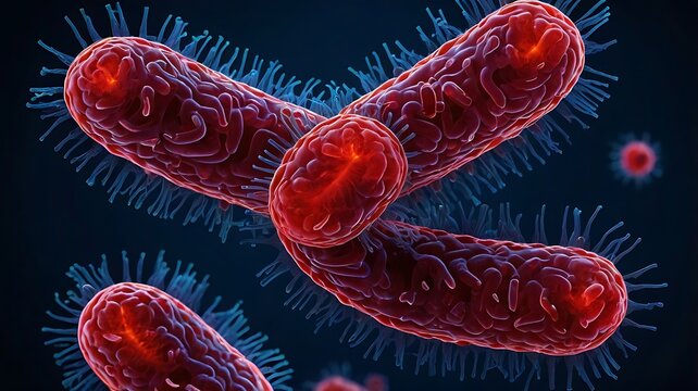 3D illustration of red blood cells bacteria and virus in blood flow
