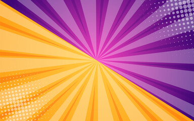 Purple and yellow comic-style burst with halftone dot accents. The design evokes a pop-art or retro comic book feel, full of energy and motion