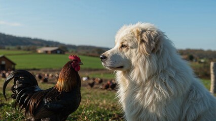 Fototapeta premium Pastoral view with a large fluffy dog and dark rooster overseeing a poultry area.