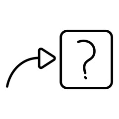 Outlined black glyph depicts curved arrow pointing to dark rounded square with white question mark. Line design indicates moving towards a question or support.