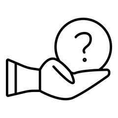 Outlined black glyph depicts hand presenting round object with question mark. Simple line design for inquiry or aid.
