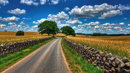 Rustic lane flanked by ancient stone fences, leading to vast open meadows, inviting exploration and connection with the outdoors