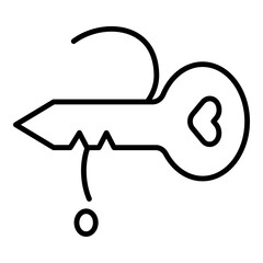 Outlined black glyph depicts key with attached question mark. Line design for finding answers or seeking solutions.