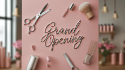 salon grand opening text with pink background