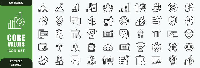 Core values 50 icon set. Full Vector Outline Style Icons. Vector Stock illustration