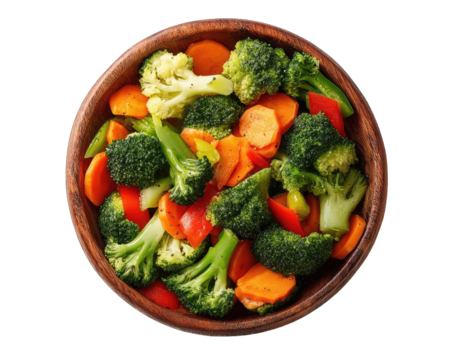 Wooden bowl filled with mixed steamed vegetables.  Broccoli, carrots, bell peppers, and other vibrant veggies are mixed together in a healthy dish. Top view