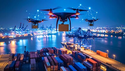 Drones delivering packages over a night port