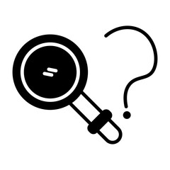 Solid black glyph shows magnifying glass next to question mark. Represents searching for answers or investigating queries.