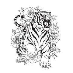 Powerful tiger amidst beautiful flowers, great for nature and strength with a touch of elegance.